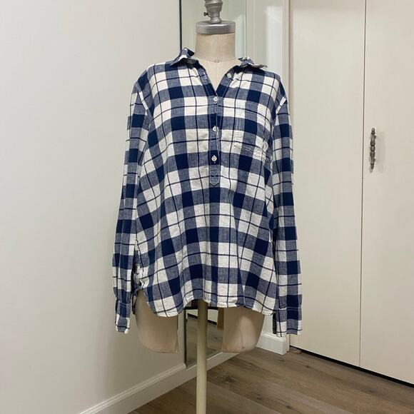 J.Crew Women's Plaid Blue Women Long Sleeve V-Neck Blouse Large - Picture 1 of 6